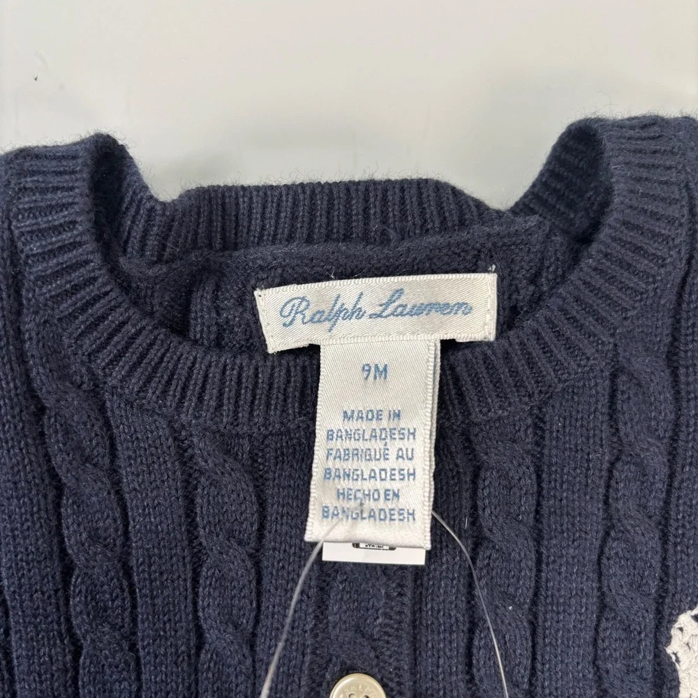 Ralph Lauren Baby Girl 9M Hunter Navy Cardigan NEW Mini-Cable Cotton Knit Pony